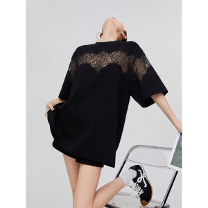 XIAODADEHUA | Elegant Casual Lace Stitching 3/4 Sleeve Loose Dropped Shoulder Sheer T-Shirt