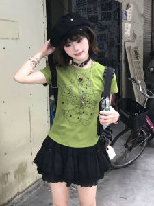 Áo Thun Tay Ngắn Ôm Vừa Vặn Màu Xanh Lá Cây Dành Cho Nữ Mùa Hè in Hình Mèo Kitty Phong Cách Mỹ Gợi Cảm Ngắn