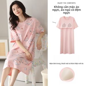 MiiOW | Pure Cotton Nightgown Womens Summer Lightweight Short Sleeve Dress Home Clothes Breathable Sensation With Chest Pad