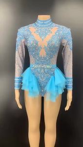 [Cowaii]Sparkly Rhinestones Pink Lace Bodysuit Women Long Sleeve Birthday Party Outfit Dance Costume Show Performance Stage Wear