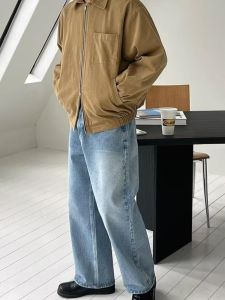 American Retro Pure Color Lapel Workwear Jacket Mens Trendy Double Zipper Loose Outerwear Business Casual Commuting