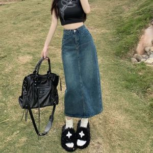 IELGY High-waisted slimming back slit mid-length A-line denim skirt for women