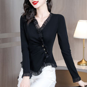Fashionable Knitted Long Sleeve T-Shirt Womens Base Layer Top Spring Autumn Winter Stylish Small Shirt Korean Style V-neck