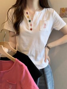 Thon Gọn Áo Thun Ngắn Tay Cổ Chữ V Áo Thun Nữ Thoải Mái Thoải Mái Cotton Vải Bông Cỡ Lớn Mùa Hè Áo Phong Cách Mới Của Trung Quốc Rộng Rãi Fit