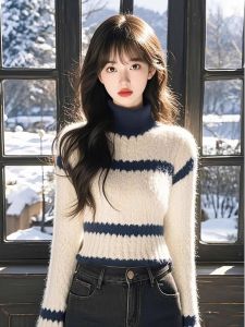 Áo Len Dệt Kim Cổ Cao Tay Dài Mềm Mại Màu Tương Phản Sọc Phong Cách Mới Thời Trang Đơn Giản Đa Năng Cho Nữ Mùa Thu 2025