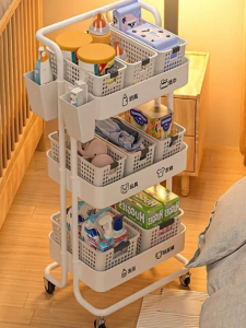 Trolley Cart Organizer For Baby 3 Tier Utility Trolley Carbon Steel Cart with 4 Wide Baskets 3 Narrow Baskets and 3 Hanging Buckets Multipurpose Cart 80Kg trolley cart#STC