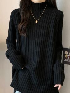 พลัสไซส์ สไตล์เกาหลี หนาขึ้น ครึ่งสูง ปกเสื้อ เสื้อสเวตเตอร์ ผู้หญิง ลำลอง ชุดคลุมท้อง ฤดูใบไม้ร่วง ฤดูหนาว พรางหุ่น เสื้อ Awet Muda