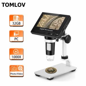 TOMLOV DM4 LCD Digital Microscope 32GB 4.3-inch FHD 1080P Microscope 500X/1000X Magnification Camera Lens 2.0MP Video Recorder with 8 Adjustable LED Lights Metal Stand Holder