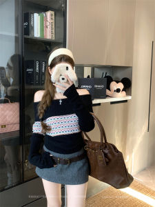 GUZILIAN | เสื้อสเวตเตอร์คอวีแขนยาวลายทางสีบล็อกสไตล์ฝรั่งเศสสำหรับผู้หญิง เสื้อสเวตเตอร์ถักทรงเข้ารูปสั้น เสื้อผ้าทำงานสไตล์เกาหลี