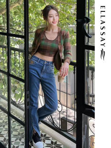 Ellassay Mint Wave Green Wheatfield Vintage Plaid Woolen Knitted Cardigan Womens Sleeve Buttoned Slim Fit Coat Styles V-Neck Sweater