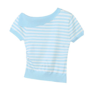 YUEZHONGWEI | French Style Irregular Shoulder Red Stripes Ice Silk Knitted Short Sleeve T-Shirt Women Summer Slim Fit Short Length Shoulder Baring Top