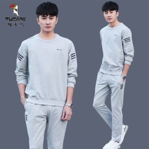 Mens Spring Autumn Cotton Sweatshirt Set Long Sleeve Embroidered Casual Fashion Running Sportswear Breathable Moisture Wicking Warmth
