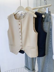 Elegant Classy Fashion Bandage Dress Single-Breasted Suit Vest Female Minimalist Casual Short round Neck Waistcoat Vest Cardigan