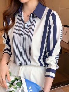 Fashion Korea Garis-garis Biru Kemeja Lengan Panjang Wanita Kemeja Kerah Kerja Kasual