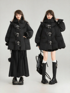 Keiko | Heavyweight White Duck Down Bow Detail Black Cloak-Style Down Jacket