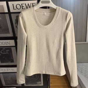 เสื้อยืดคอกลมแขนยาวผ้าฝ้ายแท้ทรงเข้ารูปสำหรับผู้หญิง ฤดูใบไม้ร่วง/ฤดูหนาว เสื้อชั้นในทรงเข้ารูป เสื้อชั้นในสไตล์เกาหลี