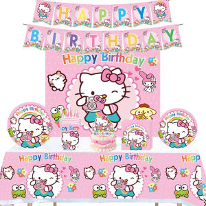 Kitty Theme Childrens Birthday Party Tableware Decorations including Tablecloth Paper Plates Cups Bunting Flags Balloons Poster