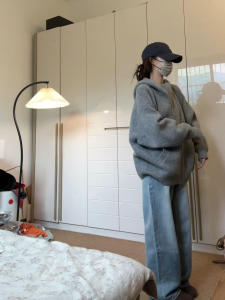 Gray Hoodie Knitwear Womens Loose Lazy Style Autumn Fashion Casual Long Sleeve Warm Soft Double Zipper Pocket Design Top