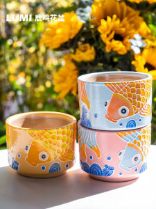 Deer Call 2023 Winter New Hand-Painted Coarse Ceramics Large Diameter 8.5cm Carp Pond Flower Pots for Succulent Plants