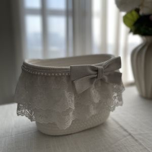 ตะกร้าเก็บของเชือกฝ้ายทำด้วยมือลายลูกไม้สองชั้นสไตล์เกาหลีคุณภาพสูงตะกร้าเก็บของบนโต๊ะไซส์ใหญ่กล่องเก็บเครื่องสำอาง