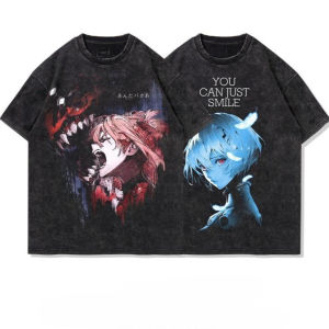 Bandai | Japanese Anime Eva Graphic T-shirt Man Summer Y2k Clothes Casual Short Sleeved Tee Women Vintage Washed Cotton Gym Clothing Top