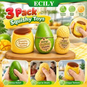 【3PCS】Crunchy Peanut Squishy Stress Ball & Caramel Pudding Color Changing Mango Fidget Toy Set Slow Rising Stretchy Sensory Squeeze with Thermochromic ASMR Effect Calming Anxiety Relief Stress Reducer for Adults Kids Office Desk Travel Gift ECILY