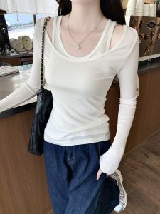 Slim Fit Long Sleeve White Thin T-Shirt Womens Base Shirt Inner Wear Top Design Sensation Commute Suitable Pure Cotton Blend