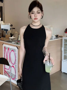 ชุดเดรสยาวแขนกุดคอวีสไตล์ Hepburn ชุดราตรียาวสีดำสไตล์ฝรั่งเศส ชุดราตรีฤดูร้อน ชุดเดรสยาวเอวสูง ชุดเดรสยาวปานกลาง