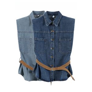 2023 Spring Autumn Korean Style Polo Collar Double Pocket Single Button Sleeveless Waist Cinched Vintage Thin Denim Top