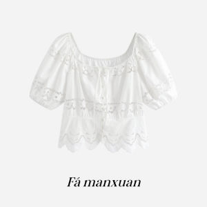 FAMANXUAN | French Lace Embroidery Square Neck Bohemian Style White Puff Sleeve Blouse