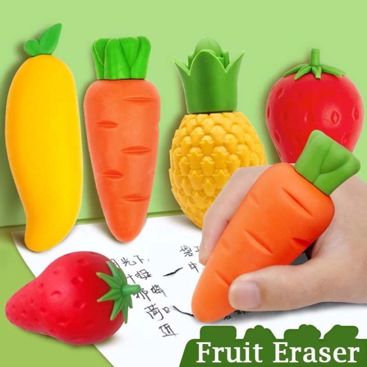 3Pcs Creative Fruit Eraser Cute Carrot Mango Strawberry Pencil Eraser ...