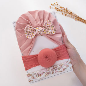 3Pcs/Set Cute Baby Beanie Headband Suit Flower Plaid Bow Newborn Infant Turban Hat Solid Color Dount Baby Girl Cotton Cap