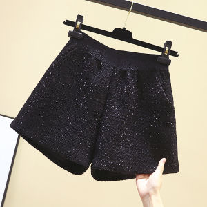 plus Size Bright Sequin Tweed Short Pants Womens Autumn Winter Slimming High Waist Wide Leg Pants Outerwear Boot Pants