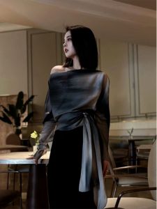 SHANGSHA | Elegant French Style Luxury Shoulder-baring Blouse