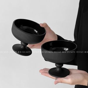 Fenggao Yanyao Modern Minimalist Black Stripe Glass Dessert Cup Yogurt Ice Cream Cup Irregular Shape Handmade Ordinary Glass