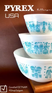 [Hiếm] PYREX USA - Butterprint Amish Cinderella - Combo 03 Chiếc Thố/ Khuôn Thuỷ Tinh Thượng Hạng