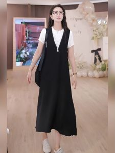 Fashionable Summer plus Size Dress Womens Loose Short Sleeve Fake Two-Piece Slimming Meat Covering A-Line Midi Skirt
