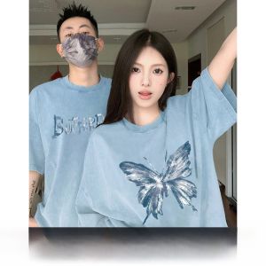 Unique Couple Short Sleeve T-Shirts Korean Style Loose Fit Cotton Summer Fashion Brand Bixiner Creative Print Butterfly Knot