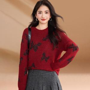 Fashionable Long Sleeve round Neck Knitted Sweater Luxury High-End Style Red Year of Birth Match Alluring Korean Version Comfortable