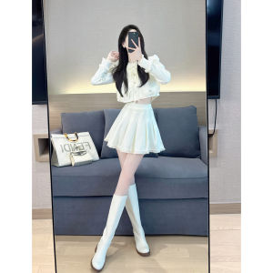 ชุดแฟชั่นฤดูใบไม้ร่วง ชุดกระโปรงจีบทรงเอ ชุดสองชิ้น ชุดหวานๆ สำหรับสาวๆ วัย 25-35 ปี แขนยาว คอตั้ง กระดุม