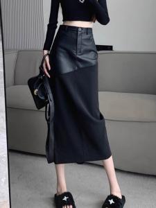 Black Asymmetrical PU Leather Mini Skirt High Waist A-Line Skirt Floor-Length Midi Skirt Woolen Mini Skirt Spring Autumn New Arrival