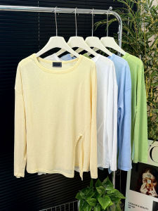 Elegant Loose Womens T-shirt Ice Silk Sun Protection Casual Style Summer New Loose Fit Irregular Hem Long Sleeve round Neck Top