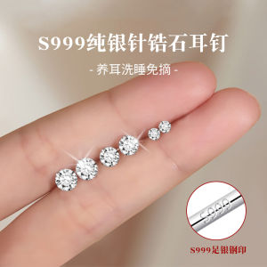 S999 Pure Silver Post Earrings with Zircon for Pierced Ears Womens Fashion Jewelry Sleepwear Friendly New 2025 Style