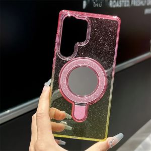 เคสใสกากเพชรสองชั้นสีรุ้งสำหรับ Samsung S25 Ultra S24 Plus Edge พร้อมกระจกแต่งหน้า ขาตั้งแม่เหล็ก และขอบกันกระแทก