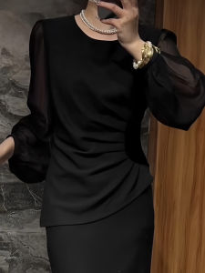 UYFY | เสื้อเชิ้ตแขนยาวสีดำสำหรับผู้หญิงทรงเข้ารูป ดีไซน์ย้อนยุค ทรงหลวม แขนยาว คอตั้ง เสื้อเชิ้ตฤดูใบไม้ร่วง