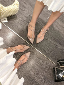 Fashionable Rivet Detail Chunky Heel Womens Single Shoes Spring Autumn New Style Pointed Toe Flat Bottom Air Cushion High Heels