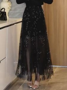 Elegant French Style Semi-Body Skirt High Waist Draped Long Gown Mesh Design Autumn New Arrival for  Pear Body Types