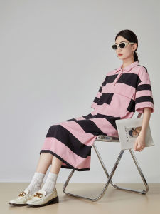 XIAODADEHUA | Padded Pink Stripes Polo Collar Short Sleeve Slim Fit Mid-Length Dress