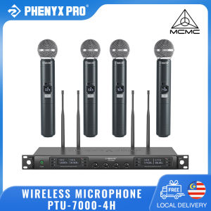 Phenyx Pro PTU-7000A Wireless Microphone System 4-Channels Professional Handheld Dynamic Microphones Auto Scan Selectable Frequency Metal 328FT for Stage Live Show Worship Wedding Singing Church