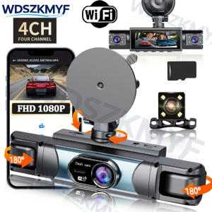 360° Car DVR WIFI Dash Cam 3/4 Lens Front Rear Left Right Inside IPS Screen Rotatable Lens Night Vision 24H Parking Black Box